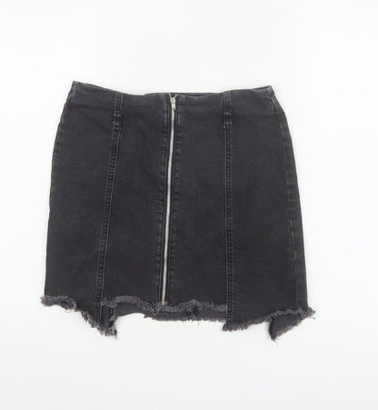 Zara Basic Women Black UK 12 Denim Pencil Mini Skirt Front Zip