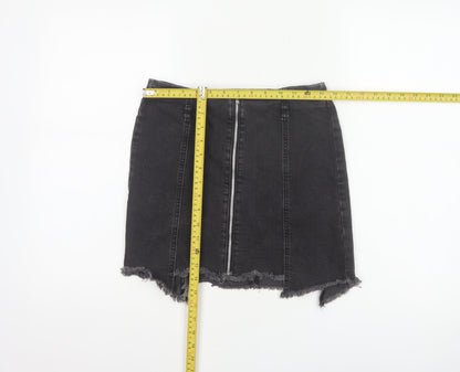 Zara Basic Women Black UK 12 Denim Pencil Mini Skirt Front Zip