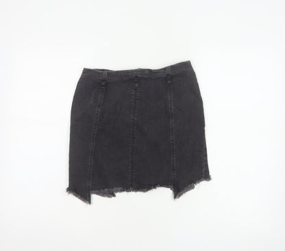 Zara Basic Women Black UK 12 Denim Pencil Mini Skirt Front Zip