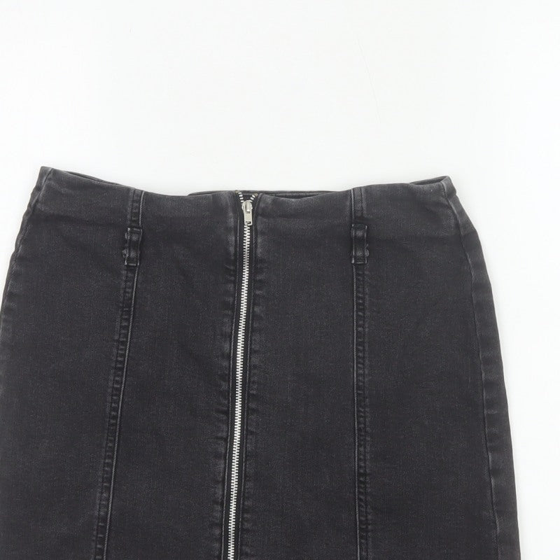 Zara Basic Women Black UK 12 Denim Pencil Mini Skirt Front Zip