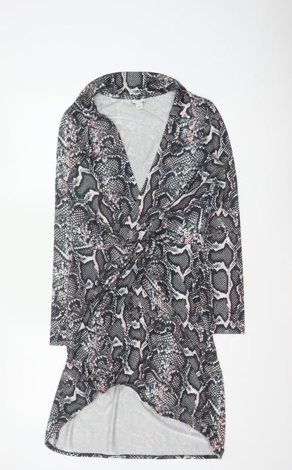 River Island Women Black Pink Animal Print Wrap Dress UK 8 Knee Length