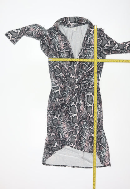 River Island Women Black Pink Animal Print Wrap Dress UK 8 Knee Length