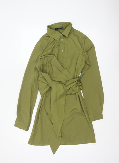 Boohoo Women Green UK 10 Shirt Dress Collared Belted Ruched Long Sleeve