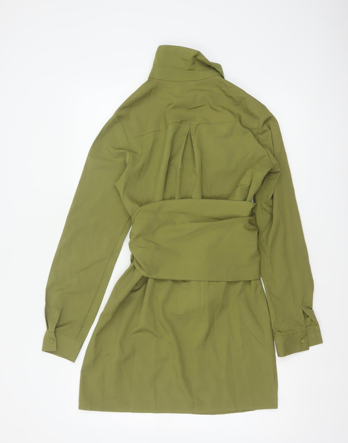 Boohoo Women Green UK 10 Shirt Dress Collared Belted Ruched Long Sleeve