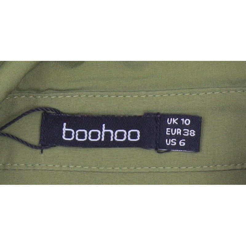 Boohoo Women Green UK 10 Shirt Dress Collared Belted Ruched Long Sleeve
