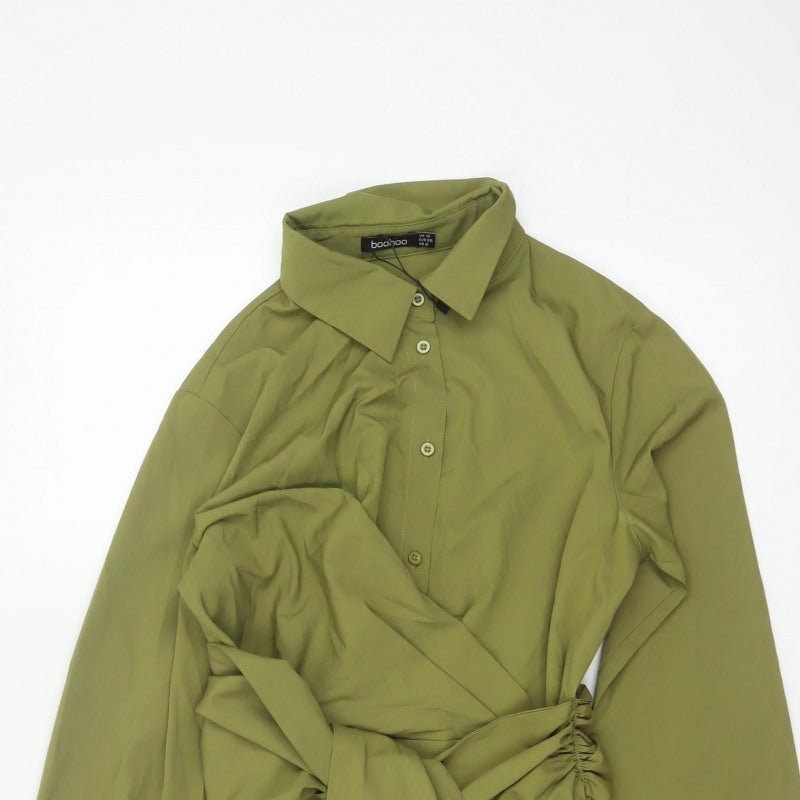 Boohoo Women Green UK 10 Shirt Dress Collared Belted Ruched Long Sleeve