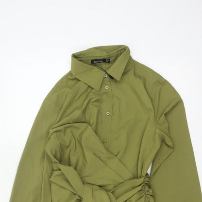 Boohoo Women Green UK 10 Shirt Dress Collared Belted Ruched Long Sleeve