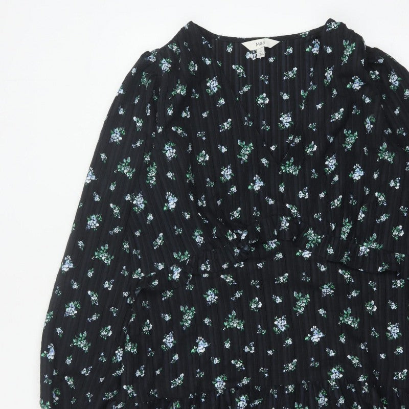 Marks & Spencer Women Black Floral UK 18 Fit & Flare V-Neck Dress