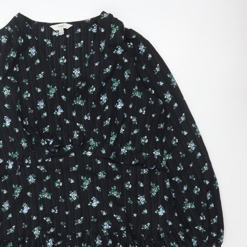 Marks & Spencer Women Black Floral UK 18 Fit & Flare V-Neck Dress