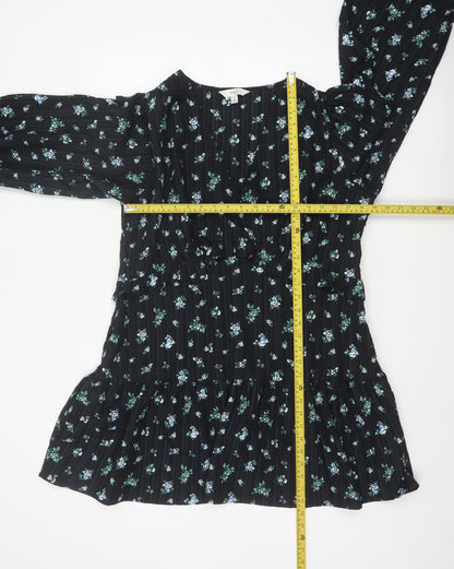 Marks & Spencer Women Black Floral UK 18 Fit & Flare V-Neck Dress