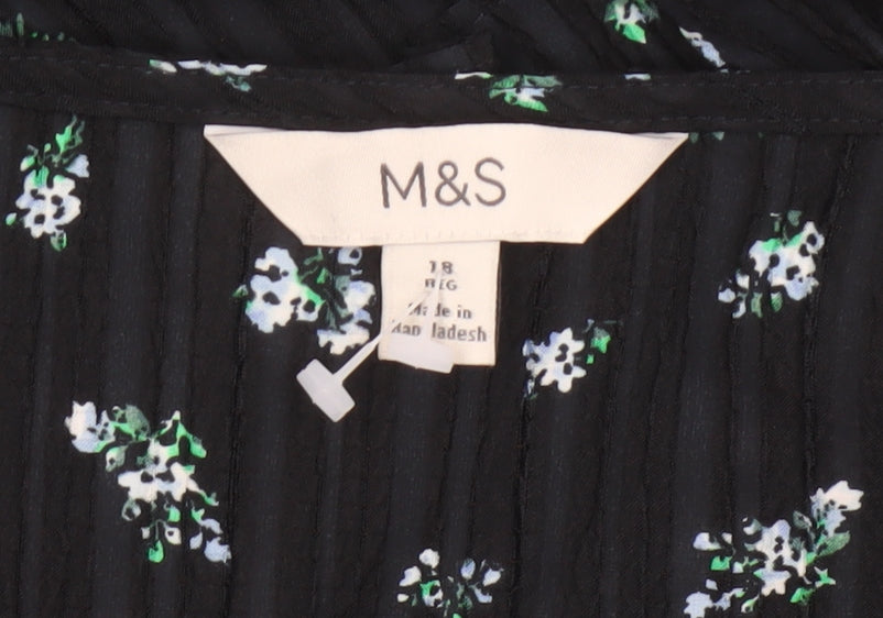 Marks & Spencer Women Black Floral UK 18 Fit & Flare V-Neck Dress