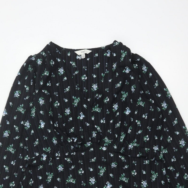 Marks & Spencer Women Black Floral UK 18 Fit & Flare V-Neck Dress
