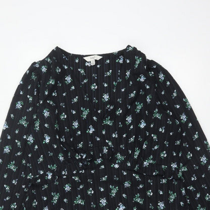 Marks & Spencer Women Black Floral UK 18 Fit & Flare V-Neck Dress