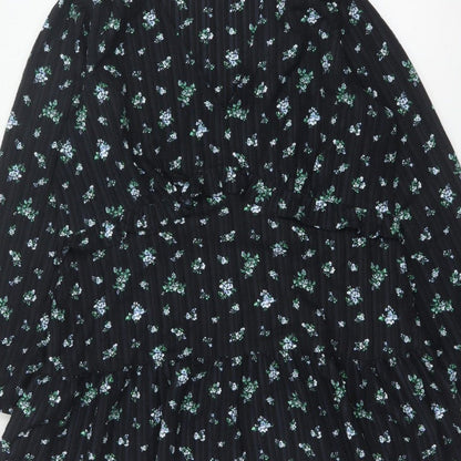 Marks & Spencer Women Black Floral UK 18 Fit & Flare V-Neck Dress