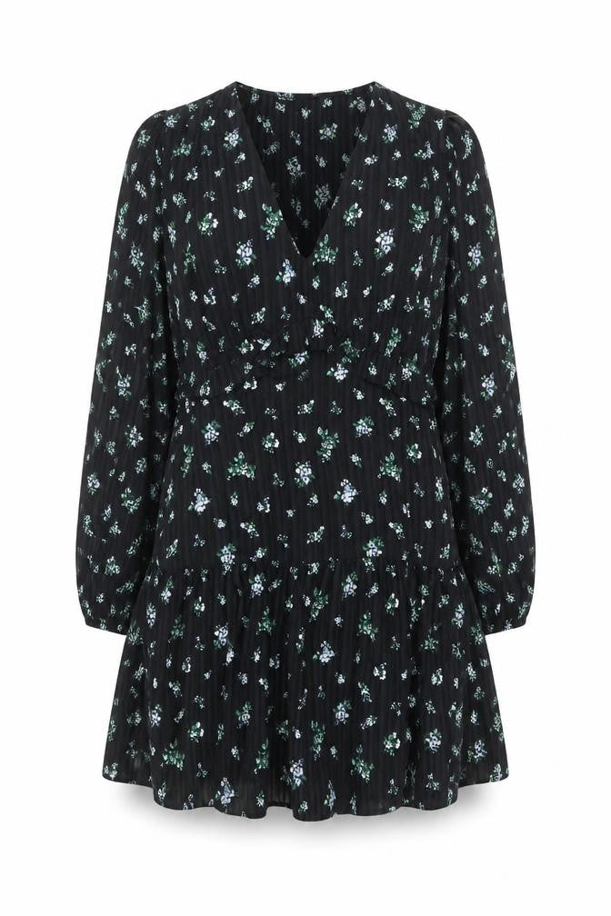 Marks & Spencer Women Black Floral UK 18 Fit & Flare V-Neck Dress