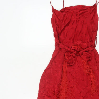 Zara Basic Women Red XS Long Viscose Tassel Belted Slip Dress
