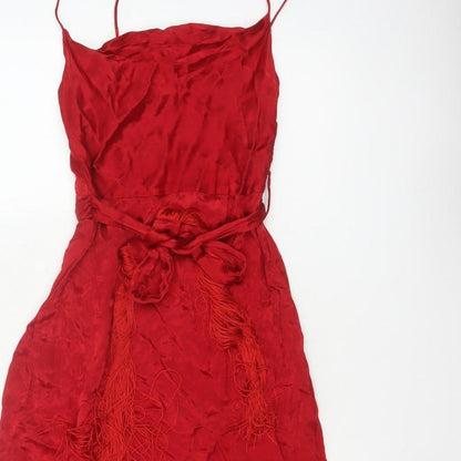 Zara Basic Women Red XS Long Viscose Tassel Belted Slip Dress