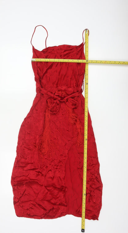 Zara Basic Women Red XS Long Viscose Tassel Belted Slip Dress