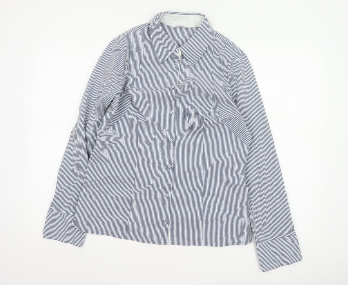 Per Una Women Blue Stripe Button-Up Shirt UK 14 Long Sleeve Collared