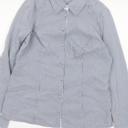 Per Una Women Blue Stripe Button-Up Shirt UK 14 Long Sleeve Collared