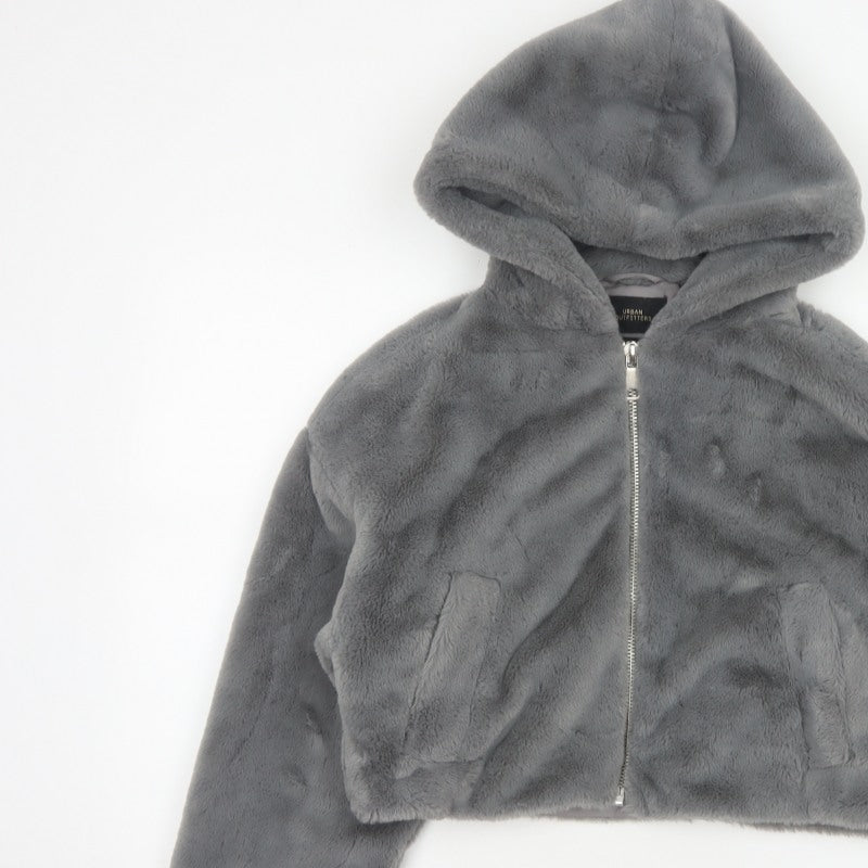 Urban Outfitters Women Grey S Faux Fur Hooded Cropped Zip Jacket