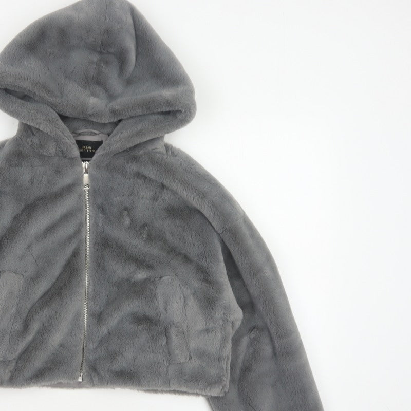 Urban Outfitters Women Grey S Faux Fur Hooded Cropped Zip Jacket