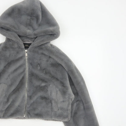 Urban Outfitters Women Grey S Faux Fur Hooded Cropped Zip Jacket