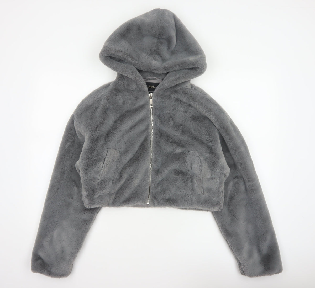 Urban Outfitters Women Grey S Faux Fur Hooded Cropped Zip Jacket