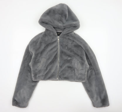 Urban Outfitters Women Grey S Faux Fur Hooded Cropped Zip Jacket