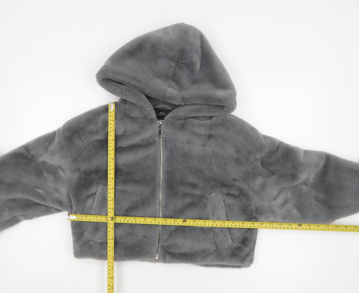 Urban Outfitters Women Grey S Faux Fur Hooded Cropped Zip Jacket