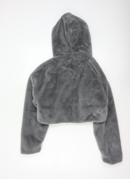Urban Outfitters Women Grey S Faux Fur Hooded Cropped Zip Jacket