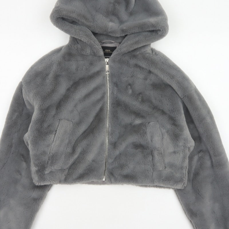Urban Outfitters Women Grey S Faux Fur Hooded Cropped Zip Jacket
