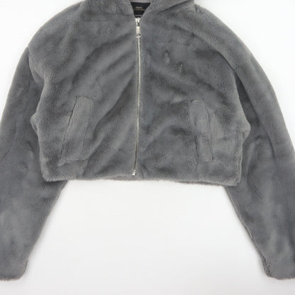 Urban Outfitters Women Grey S Faux Fur Hooded Cropped Zip Jacket