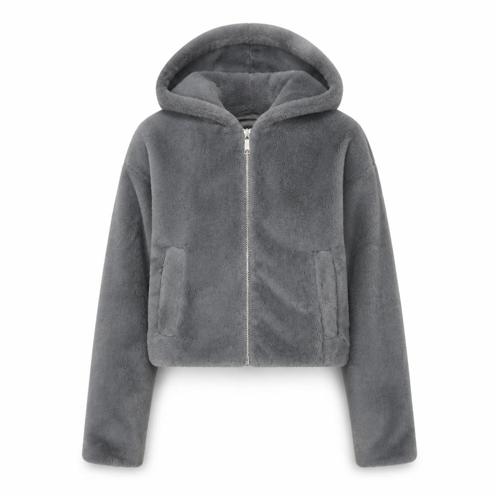Urban Outfitters Women Grey S Faux Fur Hooded Cropped Zip Jacket