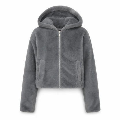 Urban Outfitters Women Grey S Faux Fur Hooded Cropped Zip Jacket
