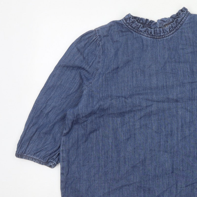 Marks and Spencer Women Blue UK 16 Denim Ruffle Neck 3/4 Sleeve Blouse