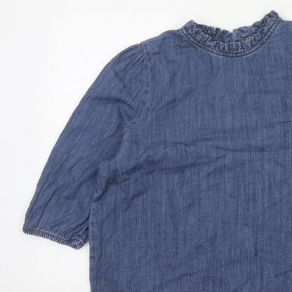Marks and Spencer Women Blue UK 16 Denim Ruffle Neck 3/4 Sleeve Blouse