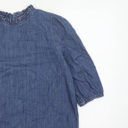 Marks and Spencer Women Blue UK 16 Denim Ruffle Neck 3/4 Sleeve Blouse