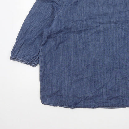 Marks and Spencer Women Blue UK 16 Denim Ruffle Neck 3/4 Sleeve Blouse