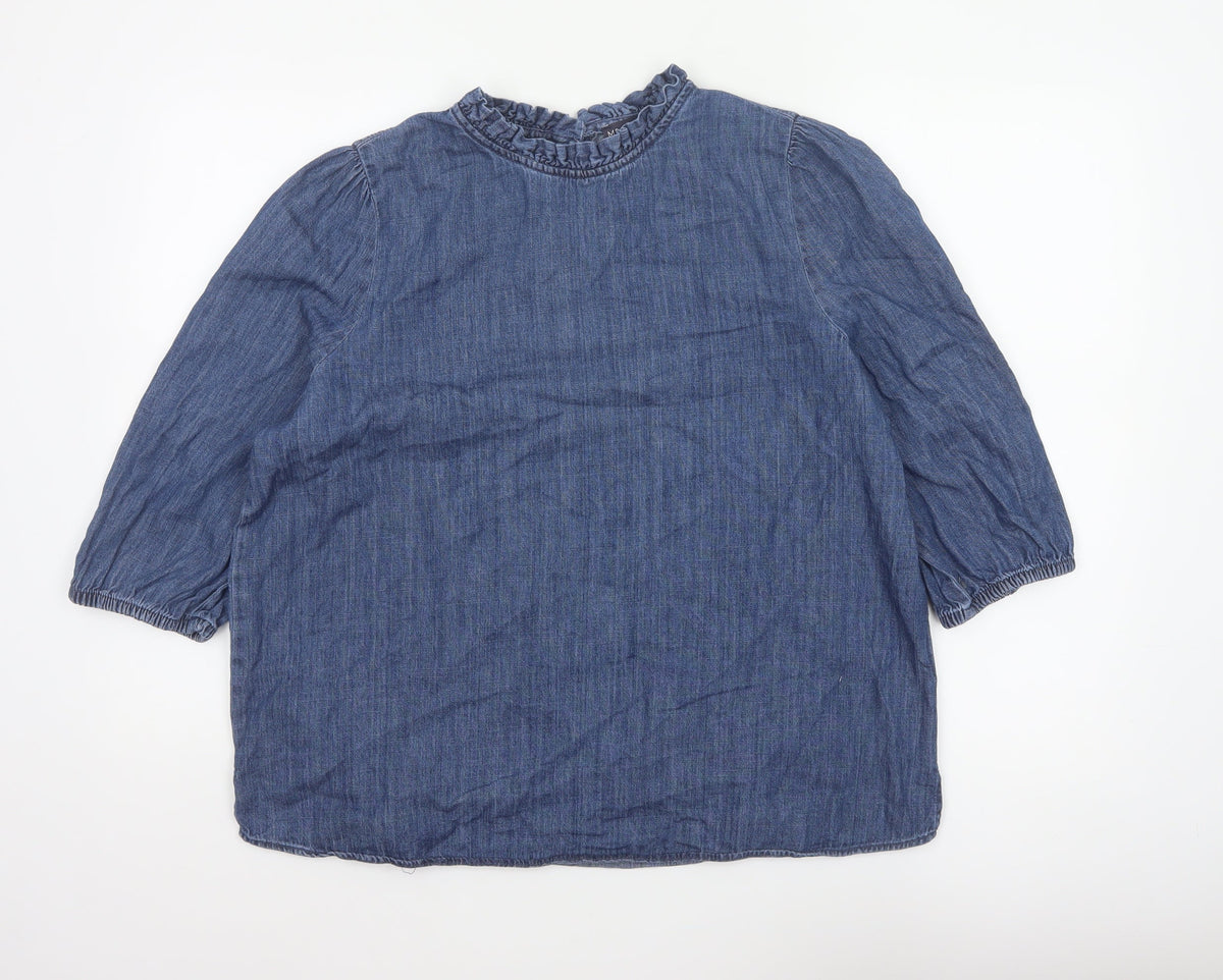 Marks and Spencer Women Blue UK 16 Denim Ruffle Neck 3/4 Sleeve Blouse