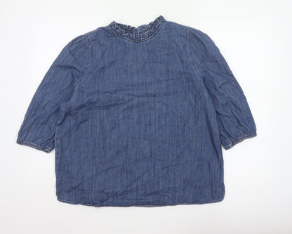 Marks and Spencer Women Blue UK 16 Denim Ruffle Neck 3/4 Sleeve Blouse
