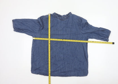 Marks and Spencer Women Blue UK 16 Denim Ruffle Neck 3/4 Sleeve Blouse