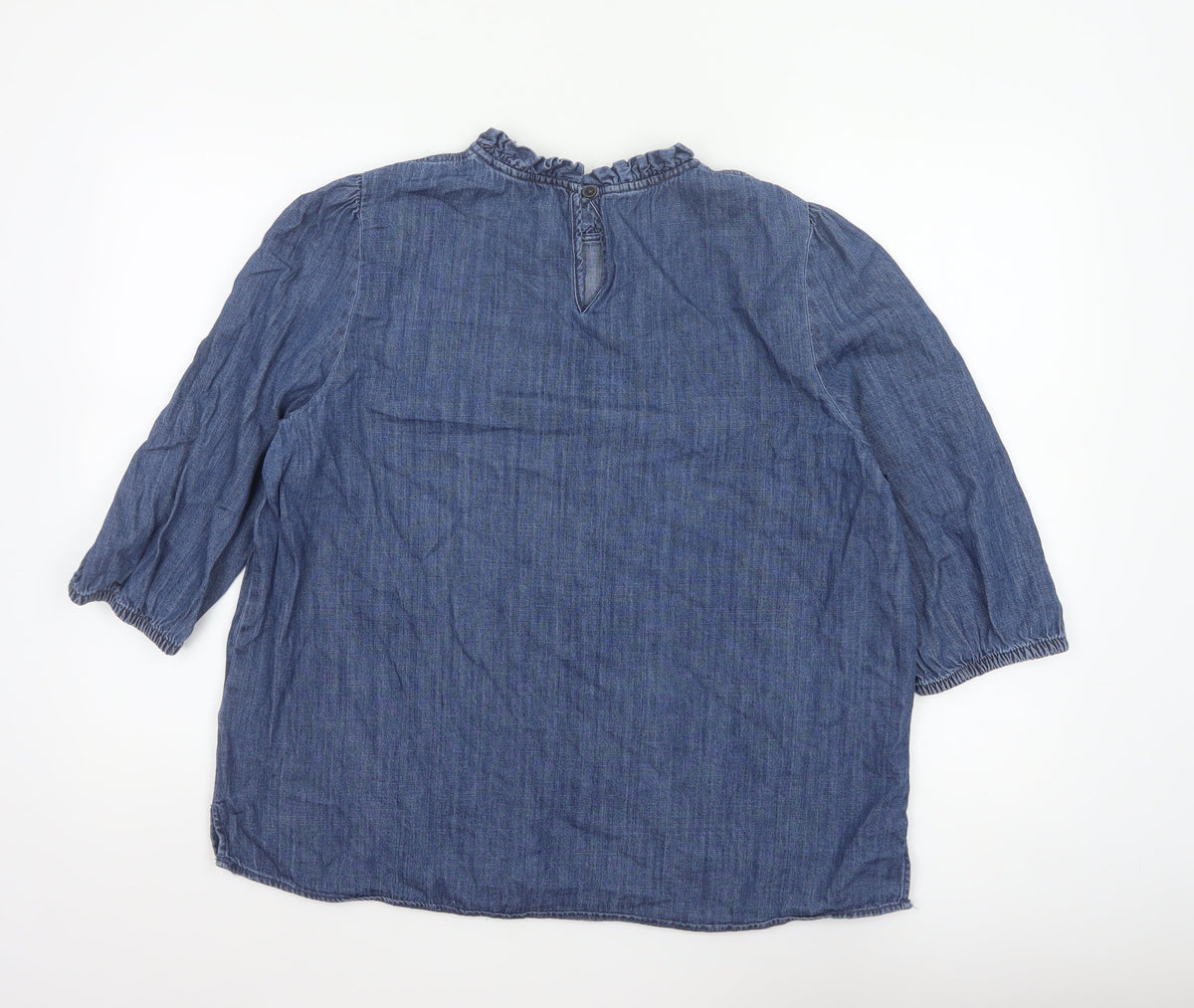 Marks and Spencer Women Blue UK 16 Denim Ruffle Neck 3/4 Sleeve Blouse