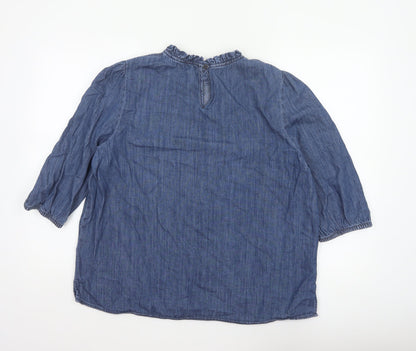 Marks and Spencer Women Blue UK 16 Denim Ruffle Neck 3/4 Sleeve Blouse