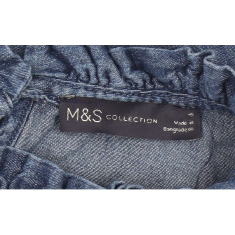 Marks and Spencer Women Blue UK 16 Denim Ruffle Neck 3/4 Sleeve Blouse