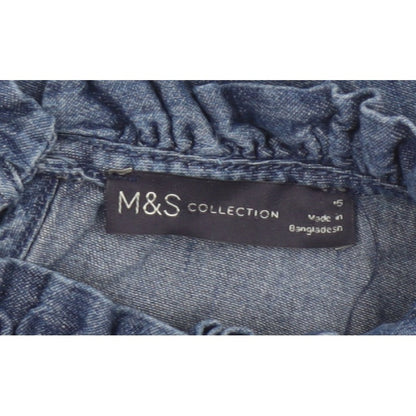 Marks and Spencer Women Blue UK 16 Denim Ruffle Neck 3/4 Sleeve Blouse