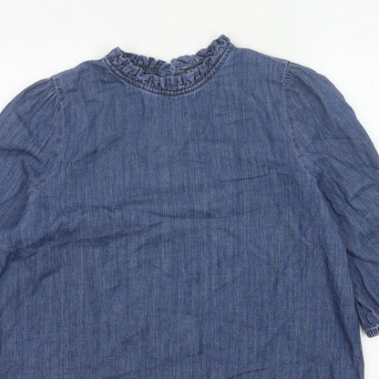 Marks and Spencer Women Blue UK 16 Denim Ruffle Neck 3/4 Sleeve Blouse
