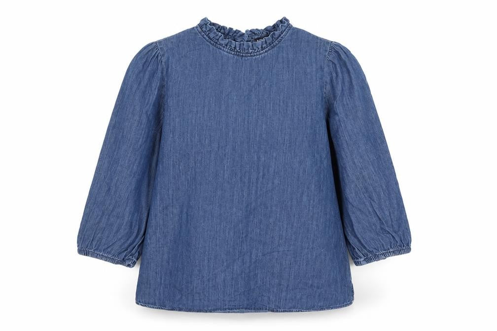 Marks and Spencer Women Blue UK 16 Denim Ruffle Neck 3/4 Sleeve Blouse