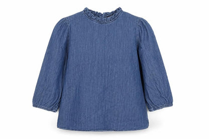 Marks and Spencer Women Blue UK 16 Denim Ruffle Neck 3/4 Sleeve Blouse
