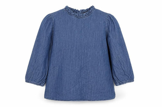 Marks and Spencer Women Blue UK 16 Denim Ruffle Neck 3/4 Sleeve Blouse